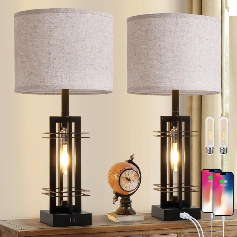 Black Industrial Table Lamps Set with USB Ports and Cream Shades