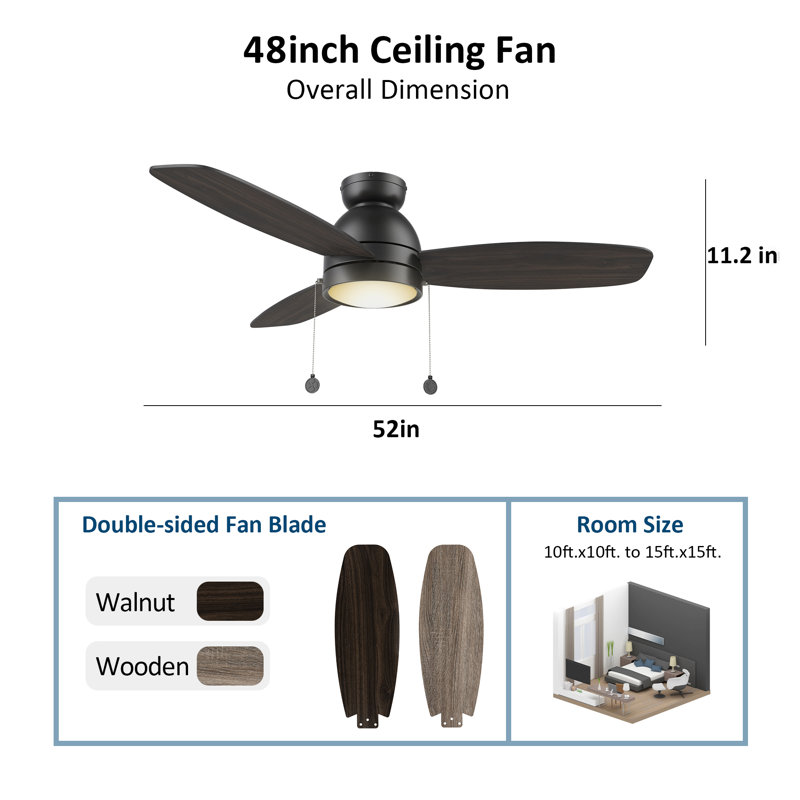 Ventilateur de plafond encastré à DEL à 3 pales 48 po avec chaînette et ensemble d'éclairage inclus Gregorios