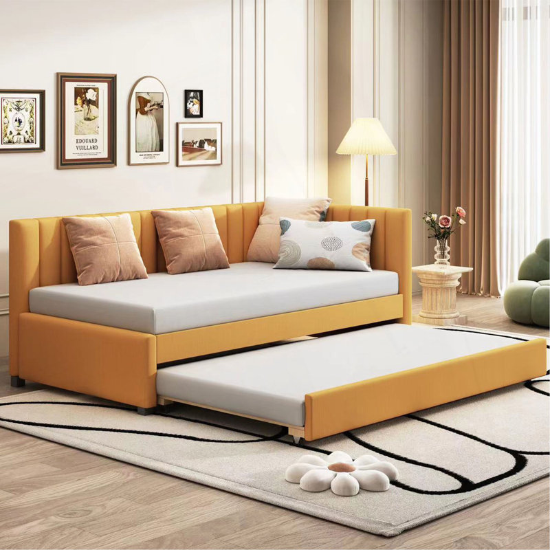 Upholstered Daybed With Trundle Twin Size Sofa Bed Frame No Box Spring Needed, Linen Fabric, Twin, Yellow