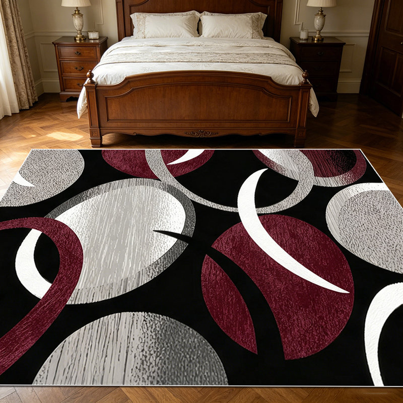 1PC Modern Abstract Burgundy Grey Black White Circle Ring Pattern area rugs for Living Room, Soft and Comfortable, machine washable Indoor floor mat, Under Table Farmhouse suitable for Dining Room, Bedroom, Entryway, Kitchen, Home Office.