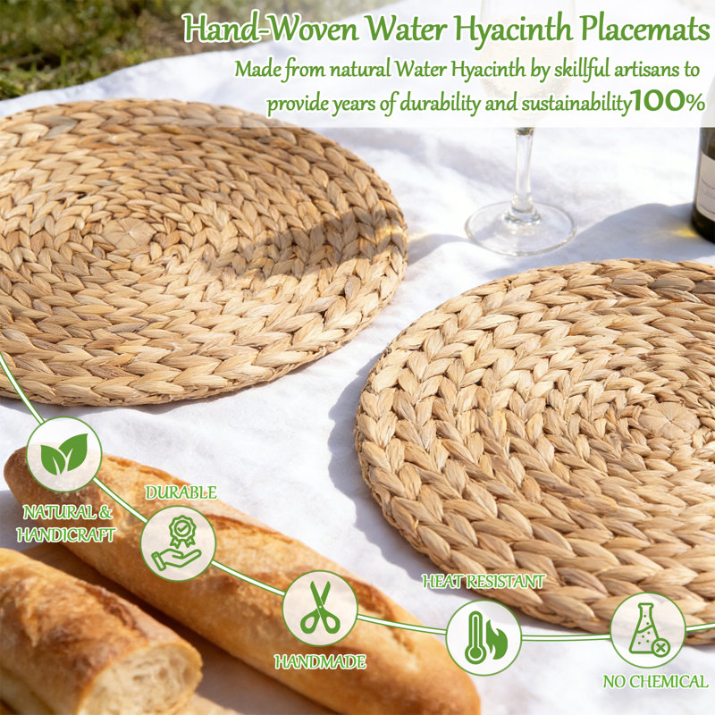 Natural Water Hyacinth Round Placemats Set of 4, 11.8" Handwoven Woven Table Mats for Dining Table, Kitchen, Farmhouse & Boho Decor