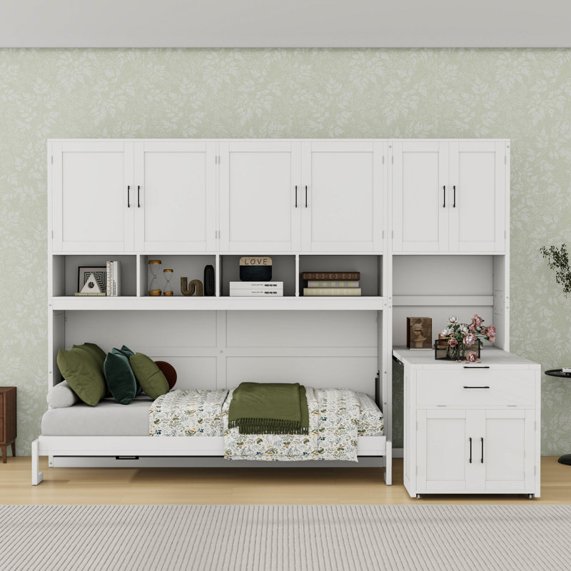 Lit escamotable simple avec tablettes de rangement intégrées et garde-robe, Blanc