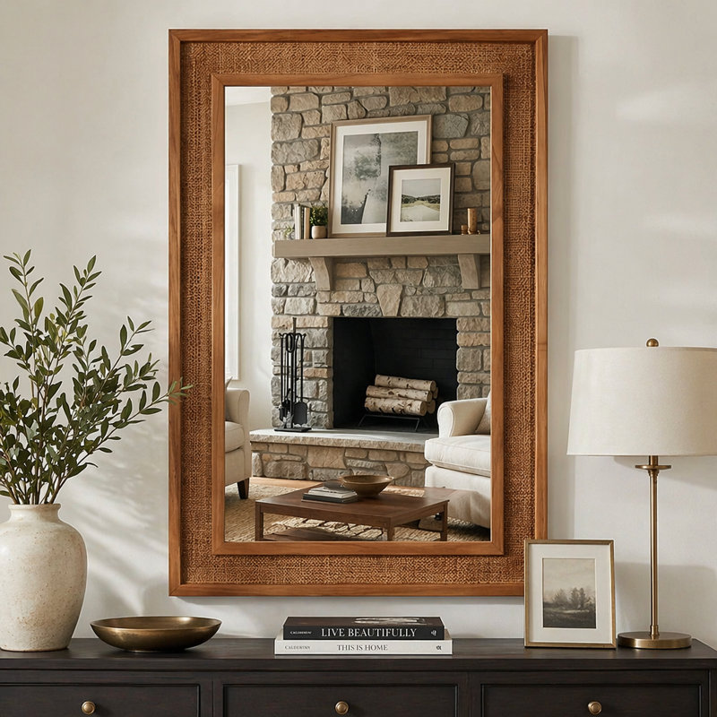 Miroir décoratif rectangulaire en bois massif de 24 po x 36 po en bois naturel, Brun jaunâtre