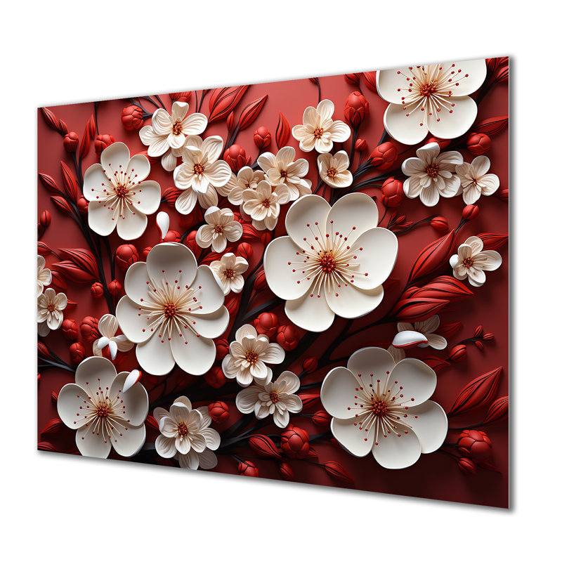 White And Red Orchid Flower Branches II - Abstract Floral Metal Wall Art, 30" H x 40" W x 1.5" D