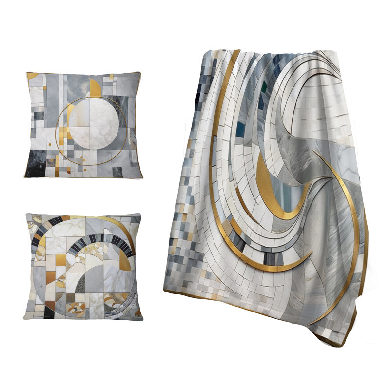 Grey And Yellow Mosaic II - Abstract Shapes Throw Blanket And Pillow Set, Throw blanket with two pillows (3-piece set)