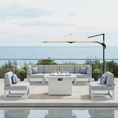  Ensemble de meubles de patio 7 pièces en aluminium avec table de feu, ensemble modulaire d'extérieur pour conversation en L