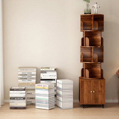 Bibliothèque d'angle rotative à 5 niveaux en bois avec tiroir - Rangement sur pied compact (noyer)