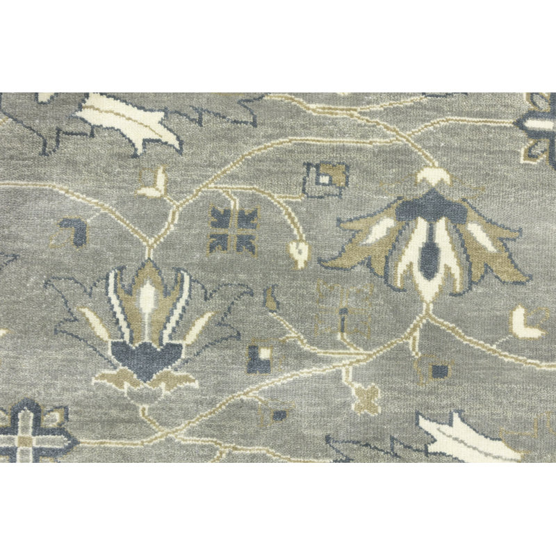 Floral Handmade Hand-Knotted Rectangle 11'10" x 14'10" Wool Area Rug in Cream