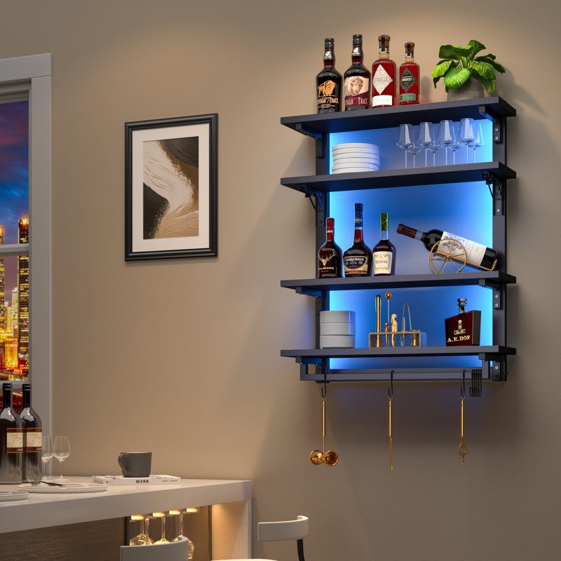 4-Tier RGB LED Gaming Floating Shelf – App-Controlled, Music Sync, Wall Mounted Storage with Towel Bar & S-Hooks, 33.8"H