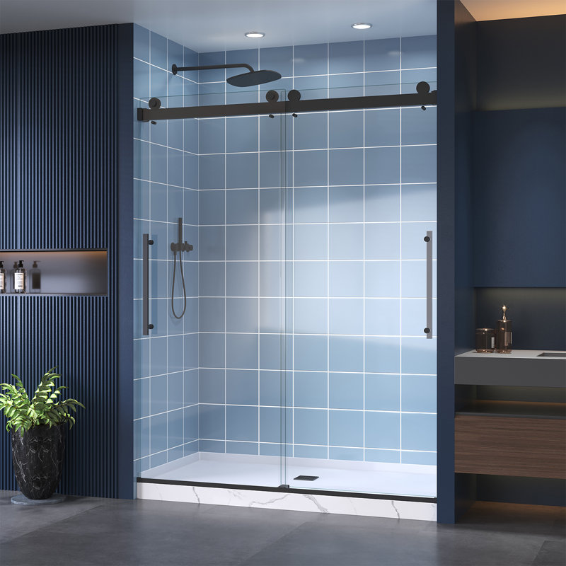 44 à 48 po X P 74 po H Système de porte de douche coulissante double sans cadre Verre transparent, Matte Black