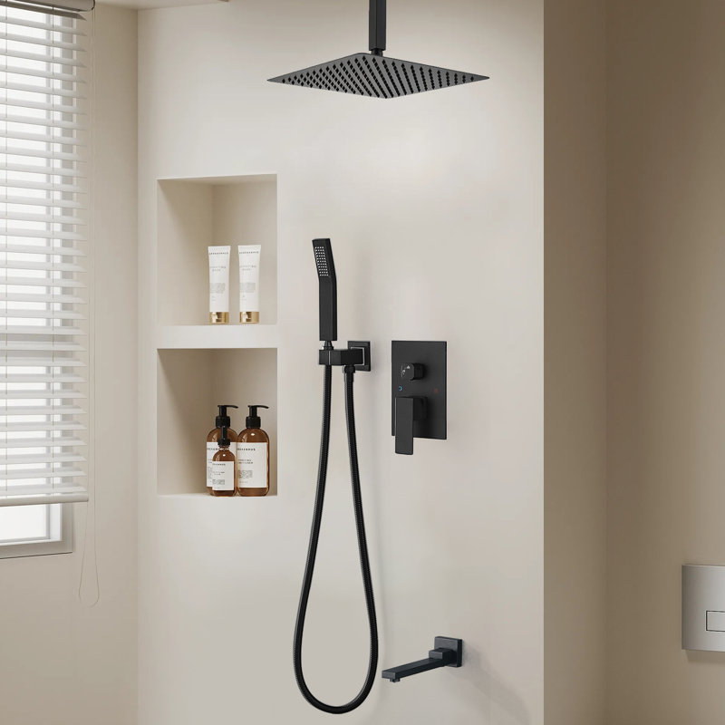 1-Spray Patterns 16 In. Ceiling Mount Dual Fixed And Handheld Shower Head With Bathtub Faucet 2.5 GPM In Matte Black