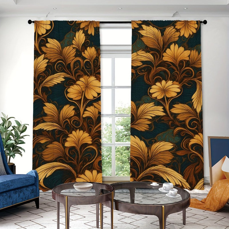 2Pcs Golden Floral Curtains, Dark Green Background, Elegant Luxury Pattern, Rod Pocket Window Drapes, Living Room Bedroom Study Window Decor