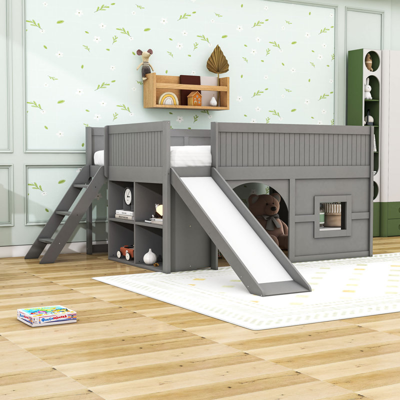 Lit mezzanine bas en bois avec glissade et tablettes, Gris