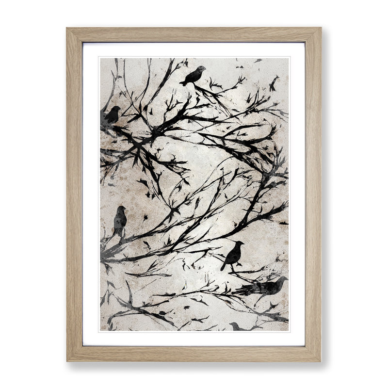 Resting Birds - Wall Art, 66cm H x 48cm W, Oak Framed, White