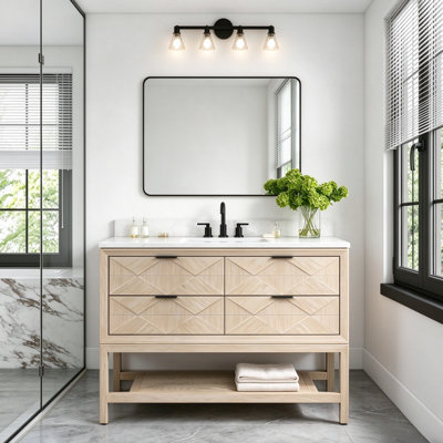 48" Freestanding Single Sink Solid Wood Natural Oak Bathroom Vanity with Engineered Marble Top