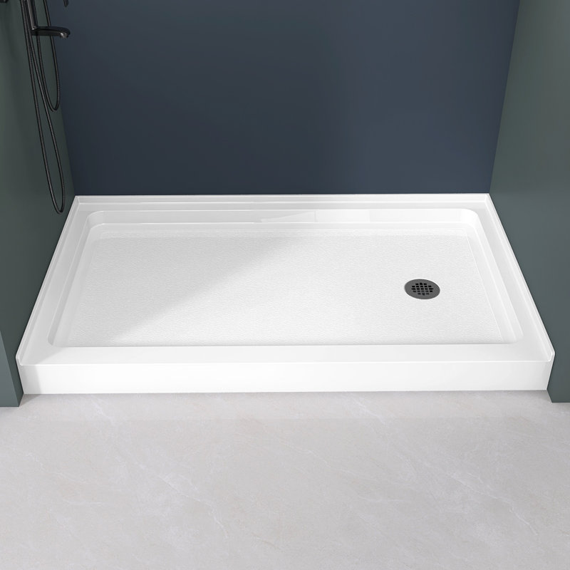 60" Single Threshold Shower Pan Base In White With Drain Assembly, Right