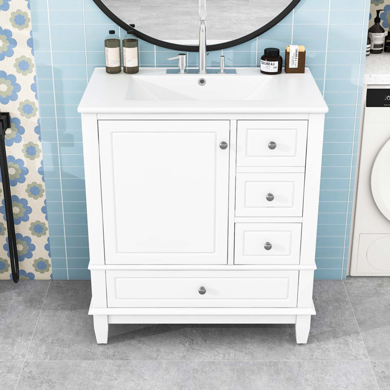 Meuble-lavabo avec lavabo, tablette et trois tiroirs, Blanc