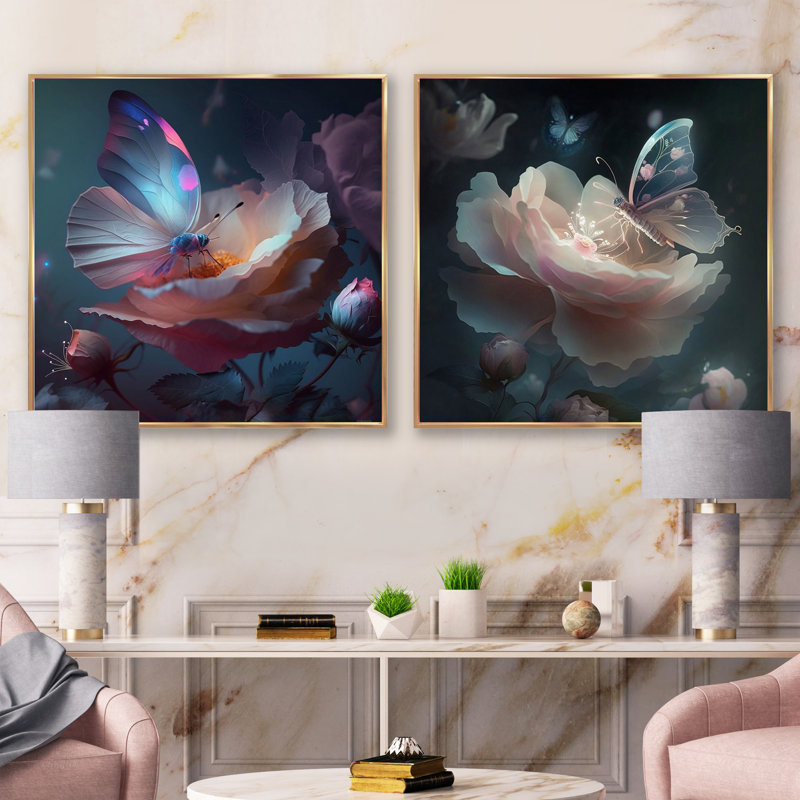 Fleur crème crème avec papillons en fleurs - ensemble de 2 collages floraux carrés, Cadre flottant doré, H 30 po x l 61 po