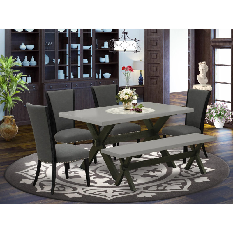 6 Piece Kitchen Table & Chairs Set Contains a Rectangle Dining Room Table and 4 Dark Gotham Linen Fabric Parson Chairs with a Bench, Black Finish