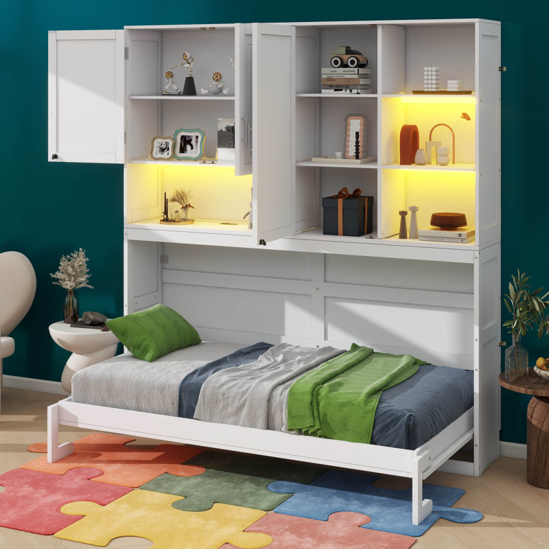 Lit escamotable simple à économie d'espace avec armoire de rangement et cadre de lit pliable multifonctionnel avec éclairage et connecteurs USB