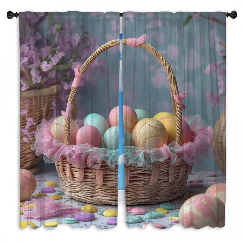 Pastel Easter Eggs Basket Window Curtains Easter Sheer & Room Darkening - 2 Panels, 40in x 80in - 2 panels, Sheer