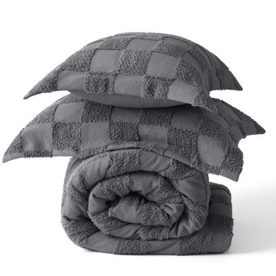 Ensemble d'édredon grand lit gris foncé, ensemble de lit capitonné Boho, literie à carreaux de style Shabby Chic, 3 pièces, 1 édredon géométrique à carreaux et 2 taies décoratives