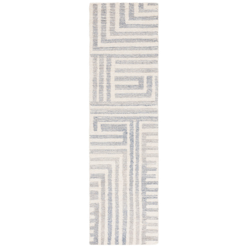 Tapis rayé bleu / ivoire en laine / coton touffeté à la main Nedin, Tapis de couloir 2 pi 3 po x 8 pi