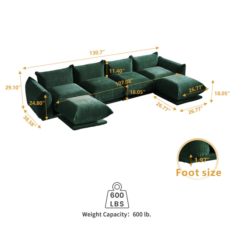 Canapé modulaire rembourré en tissu et chenille 4 places Minarik, Chenille verte