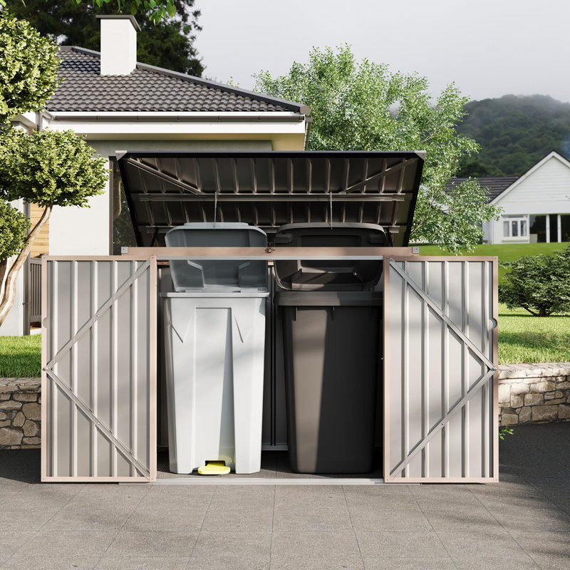 Dual Trash Can Storage Shed, 3x6 FT Metal Outdoor Garbage Bin Enclosure with Chain Lid, Weather-Resistant Storage