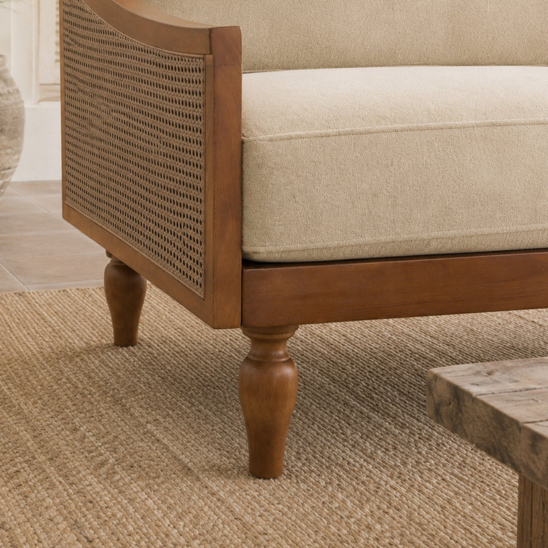 71" Mid-Century Chenille Loveseat Sofa, Rattan Arms and Rubber Wood Legs for Living Room, Brun clair + brun