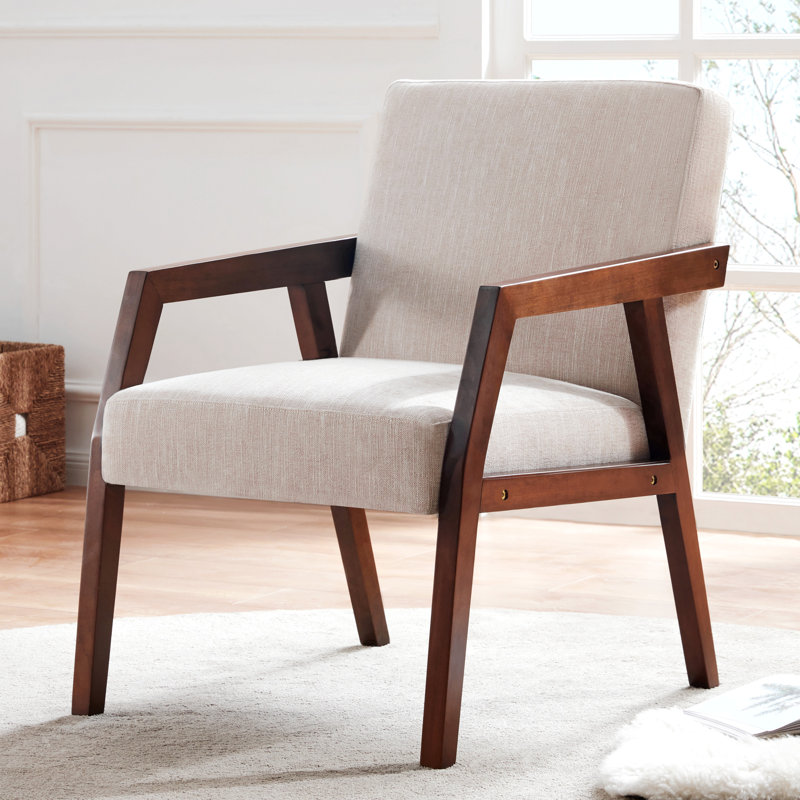 Chaise d'appoint Mid-Century moderne en bois massif, tissu de lin