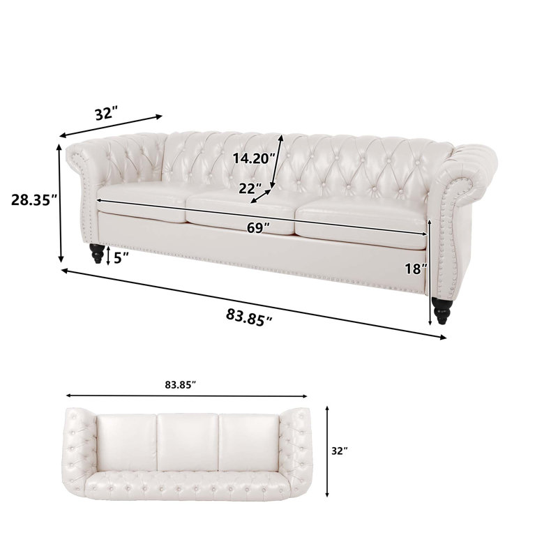 Deaneen 83.85'' Faux Leather Sofa, White Faux Leather