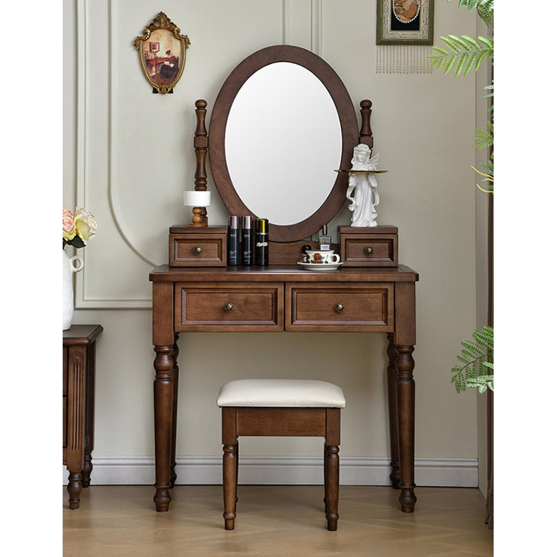 Table de coiffeuse en bois d'hévéa de style américain avec tiroirs de rangement multiples, Brown