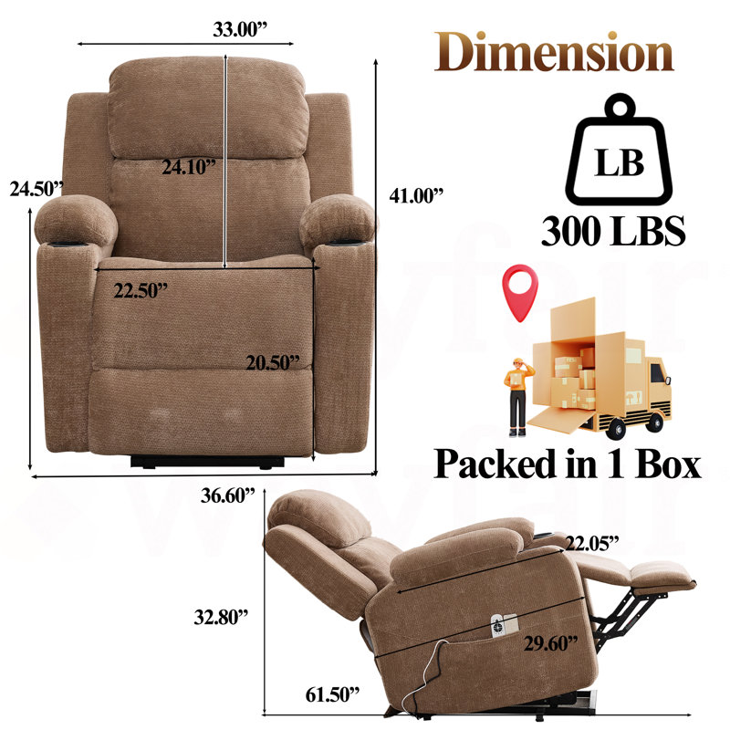  Katrein Brown Chenille Power Recliner with Heat and Massage, Lift Function, Brown Chenille