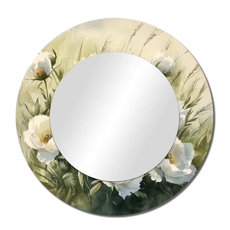 Pivoines dans le champ d'herbe - miroir décoratif floral imprimé sur métal, 36 po x 36 po