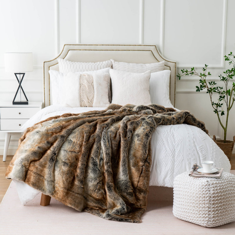 Luxurious Brown Faux Fur Reversible Throw Blanket, 60"x80"