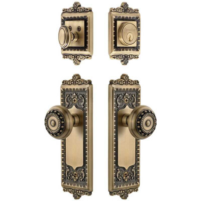 Grandeur Windsor Long Plate Entry Set with Parthenon Knob in Antique Pewter