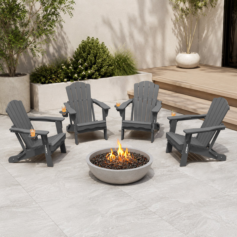Dareona Pakkdiarie All-Weather HDPE Folding Adirondack Chair with Cup Holder for Patio & Garden, Gray