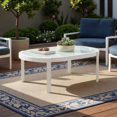 Modern Outdoor Oval Coffee Table With Tempered Glass Top, White Aluminum Frame, Weather-Resistant Patio Table For Backyard
