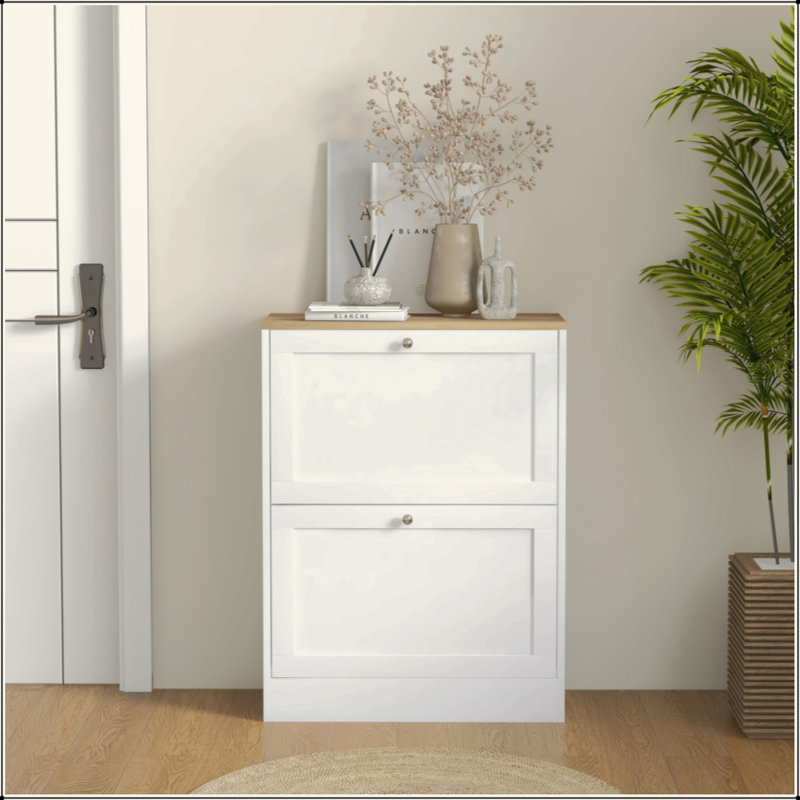 Slim Entryway Shoe Cabinet, Modern Hidden Shoe Storage with 2 Flip Drawers & Adjustable Shelves, Holds 12 Pairs of Shoes