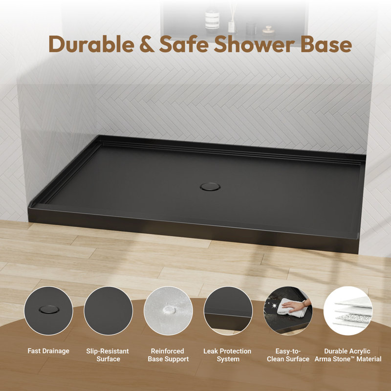 48" W X 32" D Acrylic Shower Base, Composite Single Threshold Shower Pan, Center Drain Slip-Resistant, Gloss Black