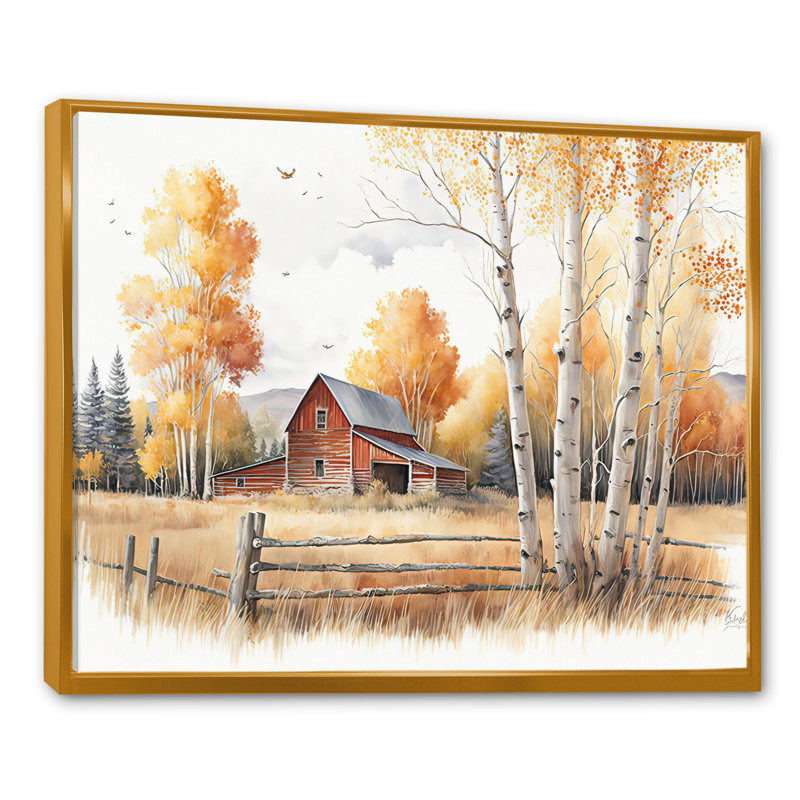 «Path To The Barn V» - Art mural sur toile paysage de grange, Cadre flottant doré, H 24 po x l 32 po x P 1 po
