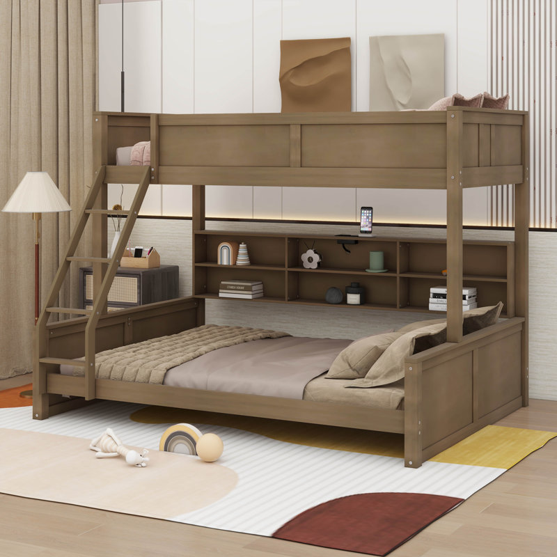 Lit simple superposé au-dessus de grand lit simple avec rangement, Couleur de bois antique