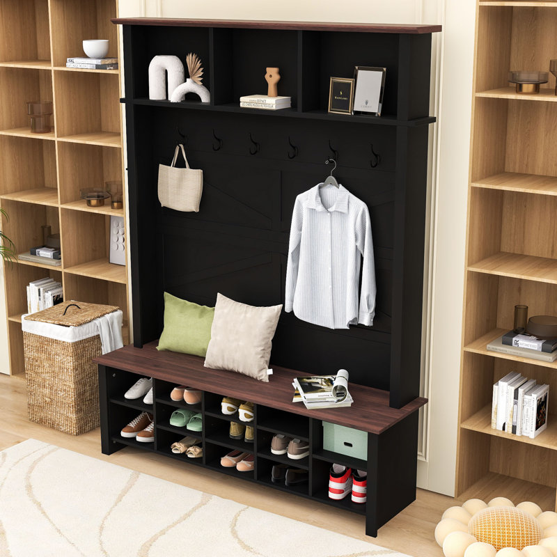 Arbre d'entrée rustique avec banc, crochets et rangement Rustic Farmhouse, Noir
