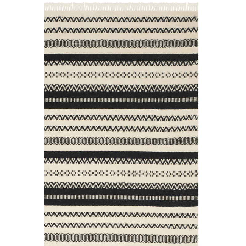 Liara Hand Woven Wool/Cotton Striped Rug in Black/Ivory, Rectangle 5' x 8'