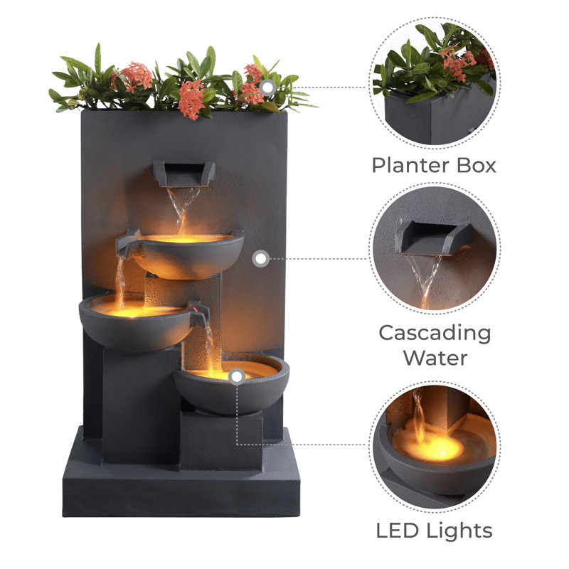 Palmerio Outdoor Cascade Fountain with Lights, Gray