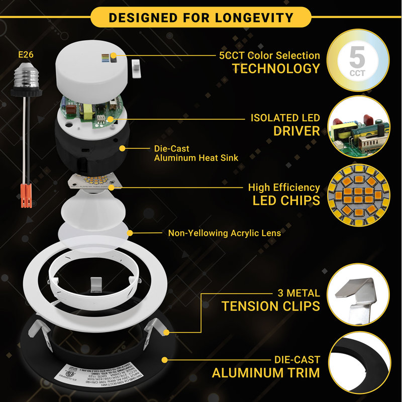 4" Gimbal Selectable CCT Remodel LED Eyeball Lens Retrofit Recessed Lighting Kit, Black