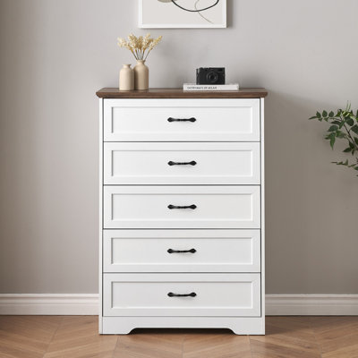 5 Drawer Vertical Storage Chest, Farmhouse Style Wooden Cabinet with Long Pull Handles, Textured Surface Storage Unit for Bedroom, Living Space and Sl
