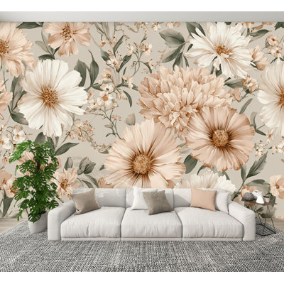 Papier peint pelez et collez Rustic Meadow Wildflower, art mural doré doux, botanique rustique, murales, papier peint amovible en PVC, H 100 po x l 144 po, pour salon, chambre, bureau à domicile