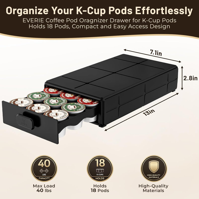 Tiroir organisateur de café pour les dosettes Keurig K-Cup, pouvant contenir 18 dosettes - Conception compacte et facile d'accès avec glissement en douceur